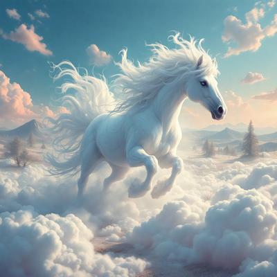 The primary subject of the image is a white horse with a flowing mane, flying through a cloudy sky. The horse appears to be galloping, creating a sense of motion and freedom. The setting is a vast, open sky with clouds, providing a dramatic backdrop for the horse's flight. The visual style of the image is a digital art or illustration, showcasing the horse's grace and power. The colors in the image are predominantly white and gray, with the clouds adding a touch of warmth and depth to the scene. Overall, the image conveys a sense of adventure and freedom, with the horse as the central focus.